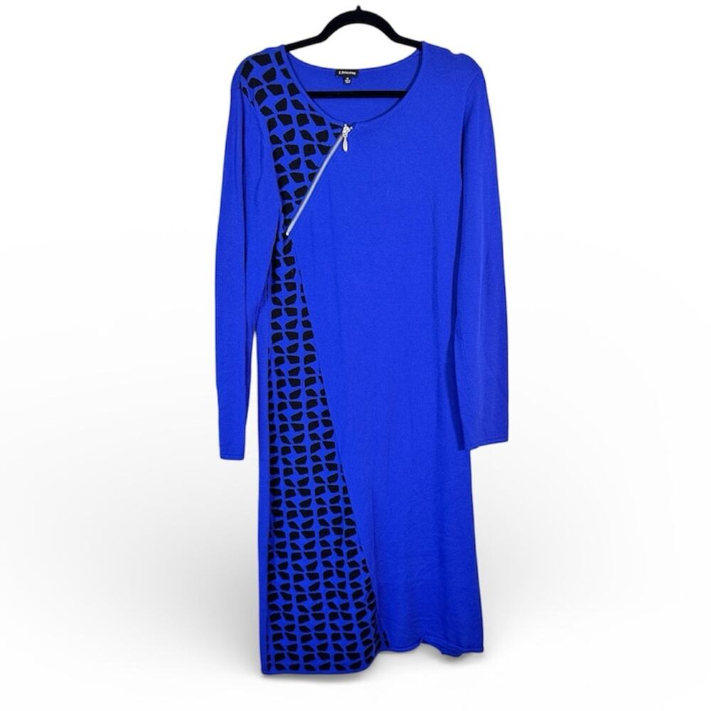 J Peterman Blue Black Asymmetrical Midi Sweater Dress Womens M Classic Modest